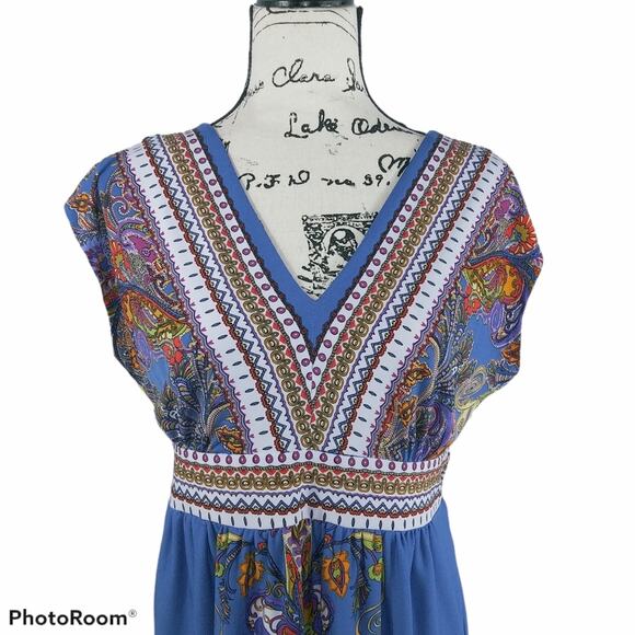 Kiara Blue Paisley Print Boho Festival V Neck Dress - Picture 2 of 7